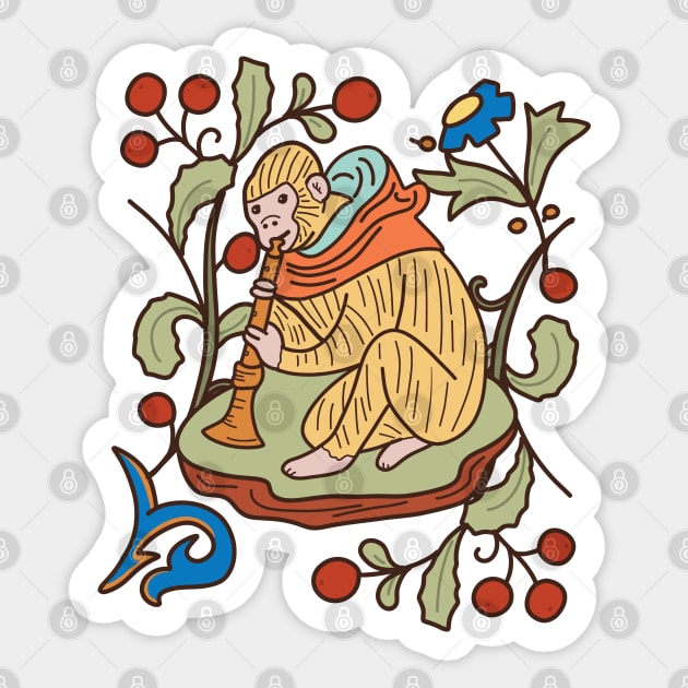 Cute Medieval Monkey Playing the Trumpet Colorful Drawing Sticker by MariOyama